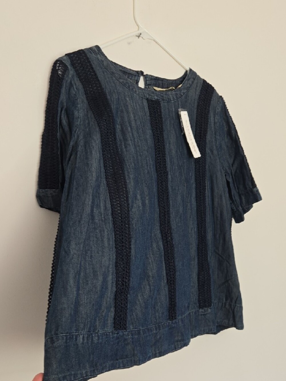 Soft Surroundings NWT Crochet Detail Flowy Denim Blouse Normcore Chic Large - Picture 2 of 7
